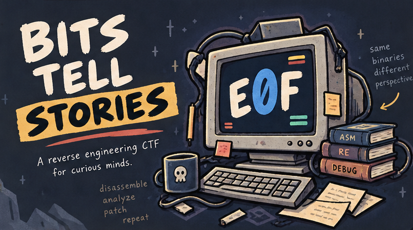 Hand-drawn EOF computer, headphones, keyboard, skull mug, and ASM, RE and DEBUG books. Bits tell stories. A reverse engineering CTF for curious minds.